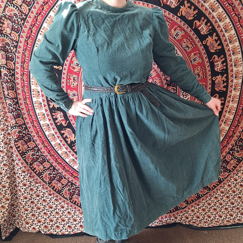 Vintage Handmade Bespoke Long Sleeve Micro Corduroy Peasant Maxi Dress